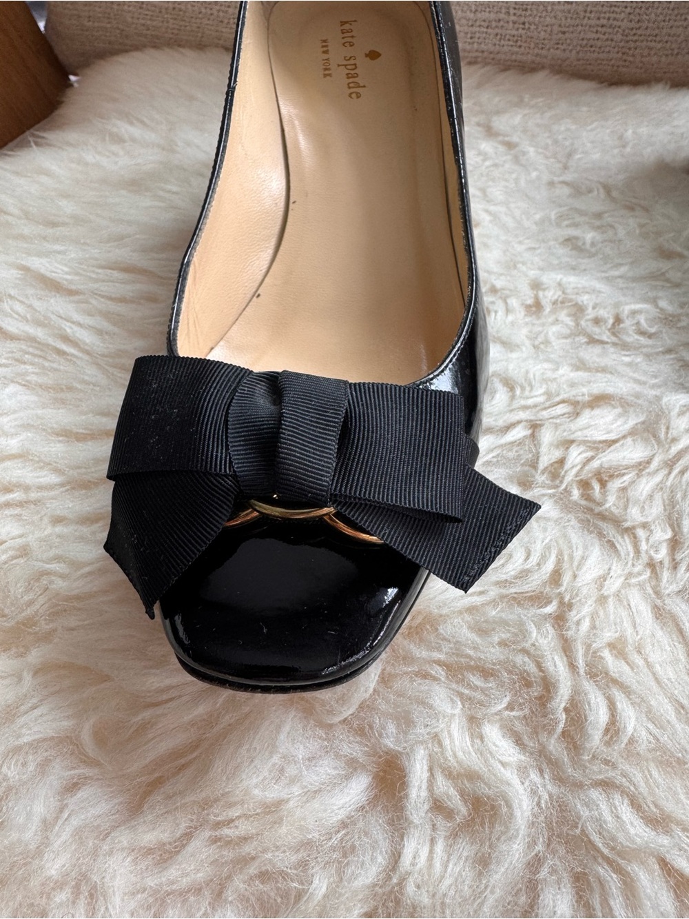kate spade Black Patent Leather Bow Peep-Toe Pumps - Picture 2 of 6